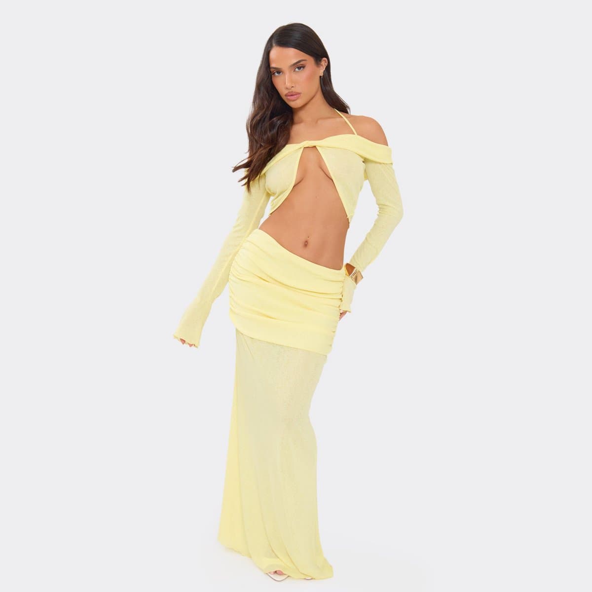 EGO Low Rise Fold Over Waistband Detail Maxi Skirt In Lemon Yellow, Women's Size UK 6