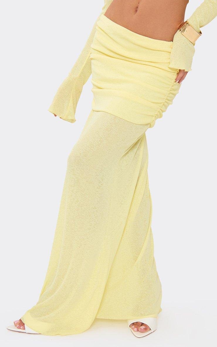 EGO Low Rise Fold Over Waistband Detail Maxi Skirt In Lemon Yellow, Women's Size UK 6 - 2