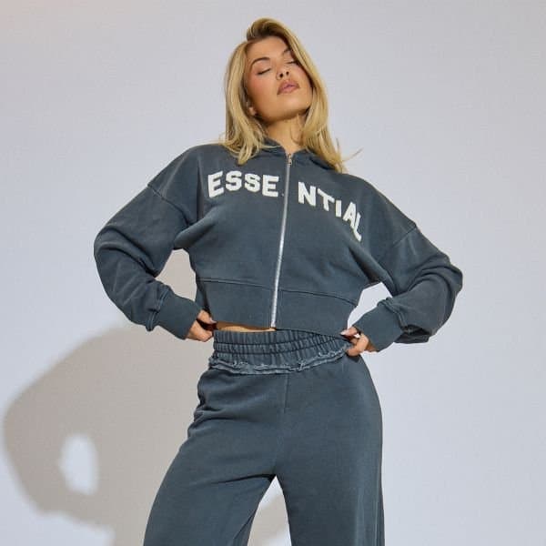 EGO EGO Zip Up Essential Graphic Hoodie in Washed Charcoal Grey