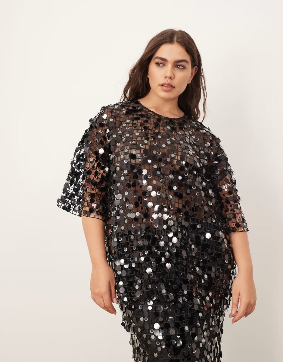 ASOS ARRANGE Curve sheer grid sequin tee co ord  in black