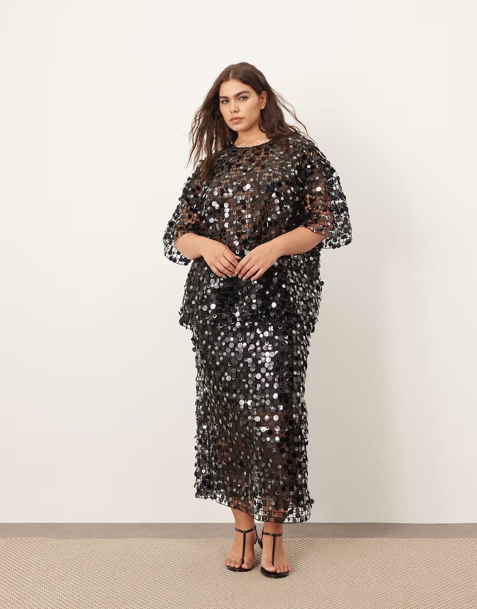ASOS ARRANGE Curve sheer grid sequin tee co ord  in black - 4