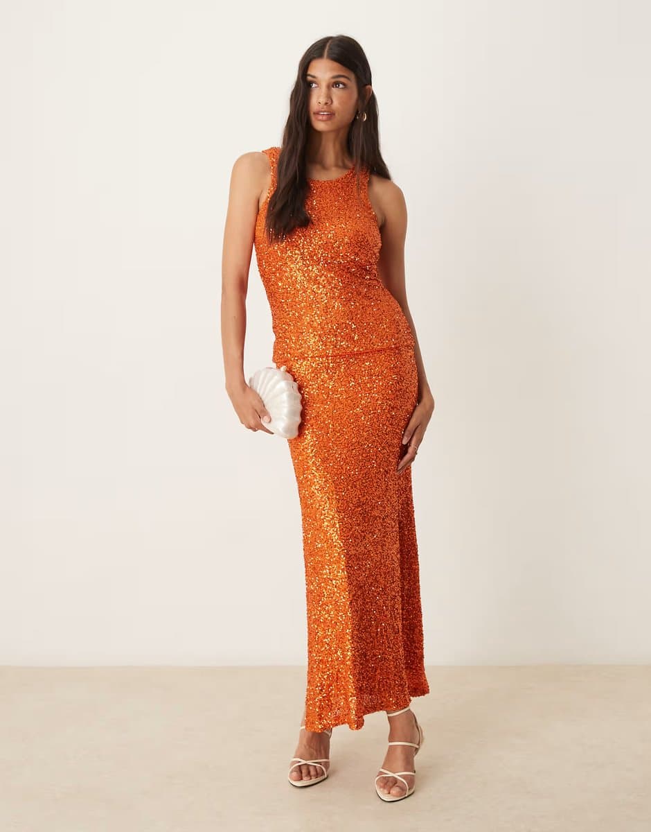 ASOS Never Fully Dressed sequin maxi skirt co-ord in rust