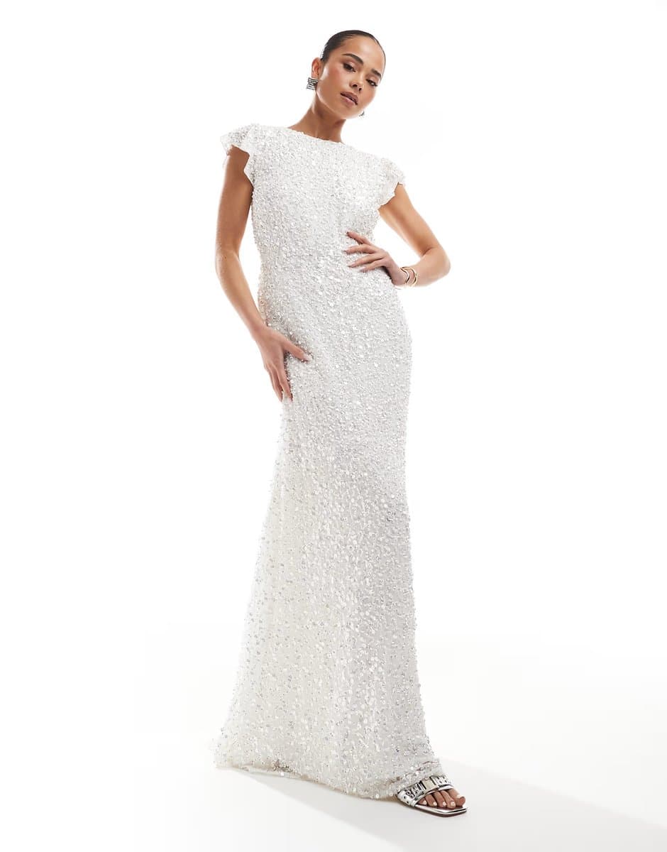 ASOS Maya Embellished short flutter sleeve maxi dress in white
