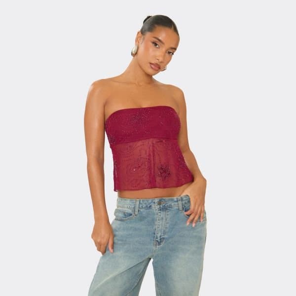 EGO Bandeau Embellished Mesh Hem Detail Top In Burgundy, Women's Size UK 8
