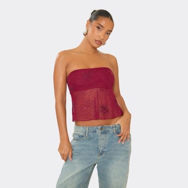 EGO Bandeau Embellished Mesh Hem Detail Top In Burgundy, Women's Size UK 8 - 1