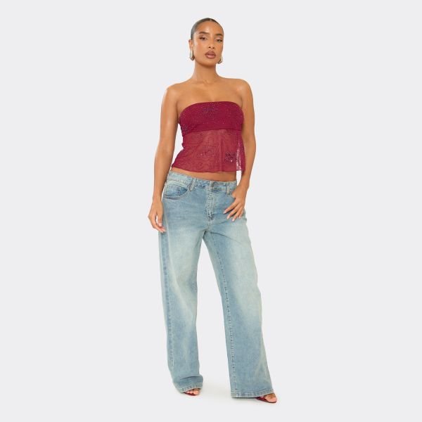 EGO Bandeau Embellished Mesh Hem Detail Top In Burgundy, Women's Size UK 8 - 2