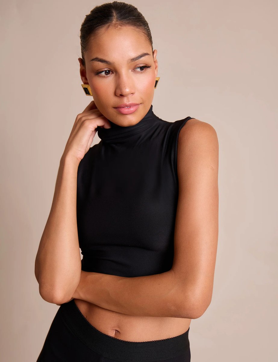 Public Desire High Neck Luxe Slinky Crop Top Black - 2