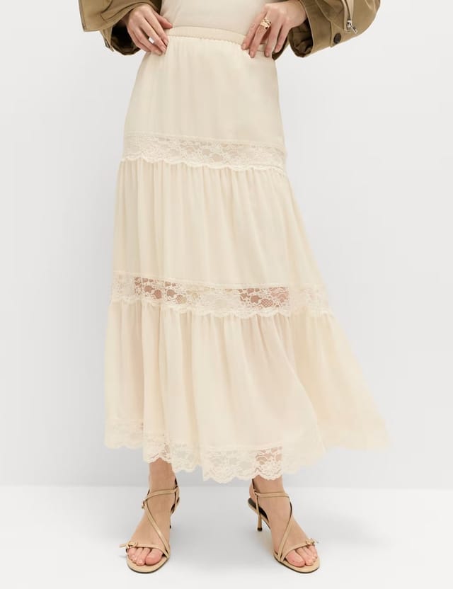 Marks & Spencer M&S Lace Insert Midi Tiered Skirt Ivory - 2