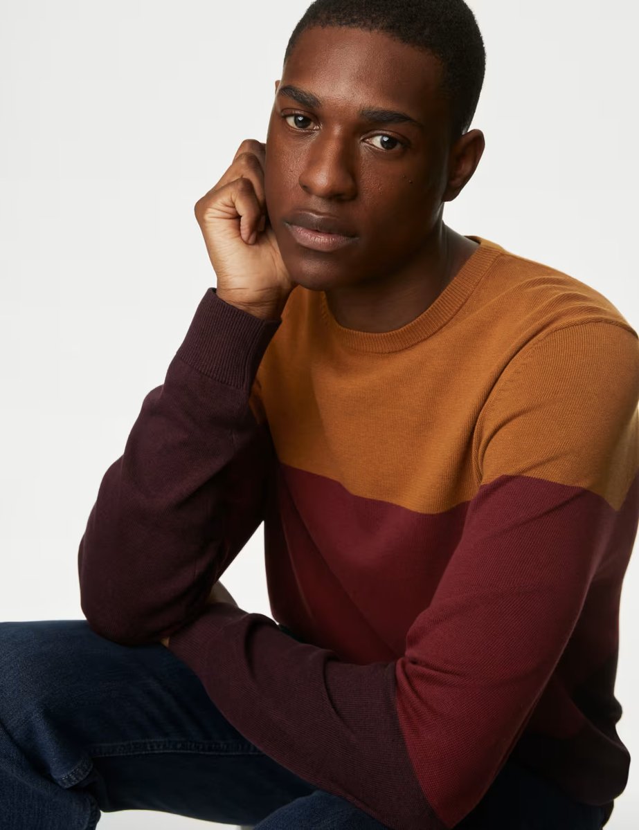 Marks & Spencer M&S Pure Cotton Colour Block Crew Neck Jumper Burgundy Mix - 2