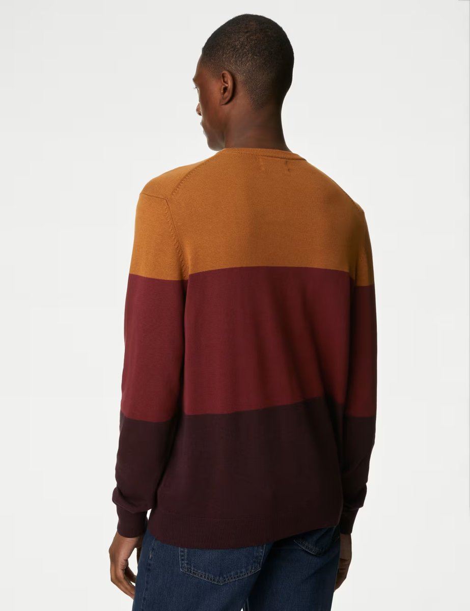 Marks & Spencer M&S Pure Cotton Colour Block Crew Neck Jumper Burgundy Mix - 4