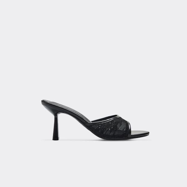 EGO Tierra Lace Detail Heeled Mule In Black Faux Leather, Women's Size UK 3 - 1