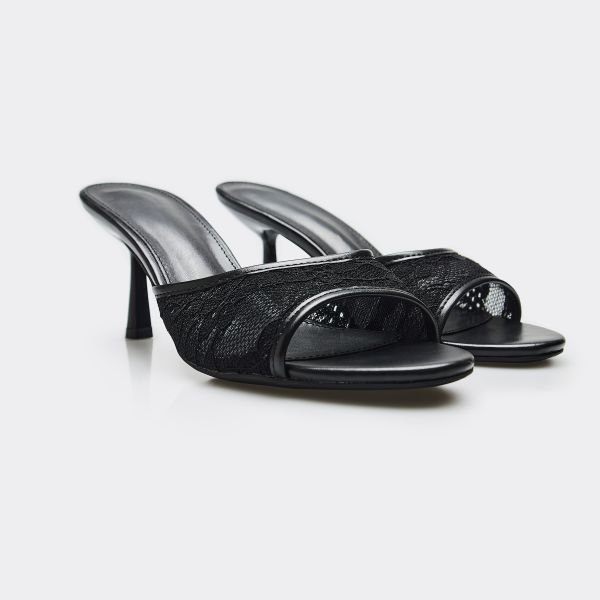 EGO Tierra Lace Detail Heeled Mule In Black Faux Leather, Women's Size UK 3 - 2