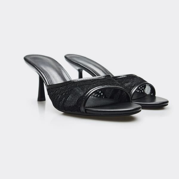 EGO Tierra Lace Detail Heeled Mule In Black Faux Leather, Women's Size UK 3 - 2
