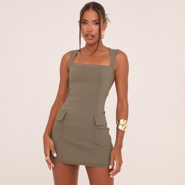 EGO Square Neck Tailored Mini Bodycon Dress In Khaki Green Woven, Women's Size UK 4