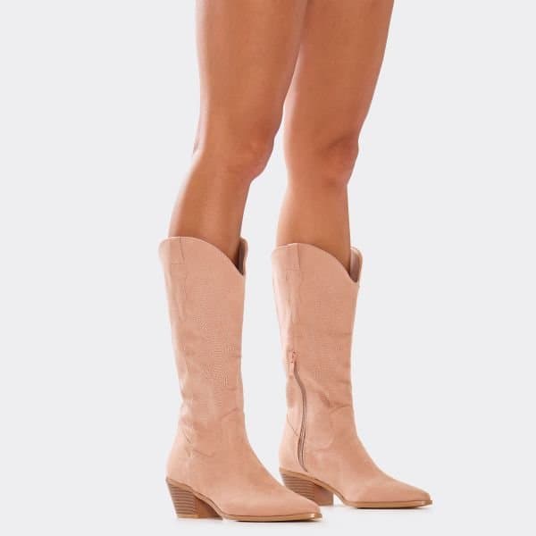EGO Eclipse Embroidered Detail Pointed Toe Mid Calf Western Cowboy Boot In Beige Faux Suede, Women's Size UK 3