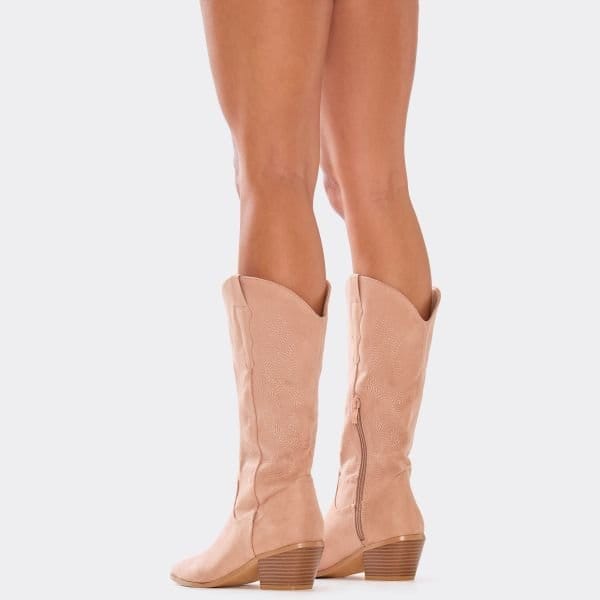 EGO Eclipse Embroidered Detail Pointed Toe Mid Calf Western Cowboy Boot In Beige Faux Suede, Women's Size UK 3 - 2