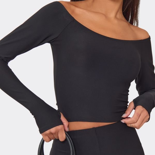 EGO Long Sleeve Off The Shoulder Top In Black, Women's Size UK 6 - 2