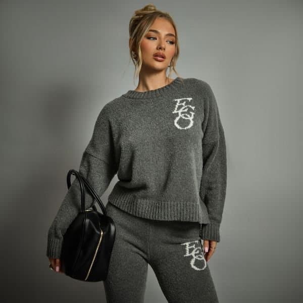 EGO Long Sleeve Crew Neck Ego Graphic Oversized Jumper In Grey Knit, Women's Size UK Large L