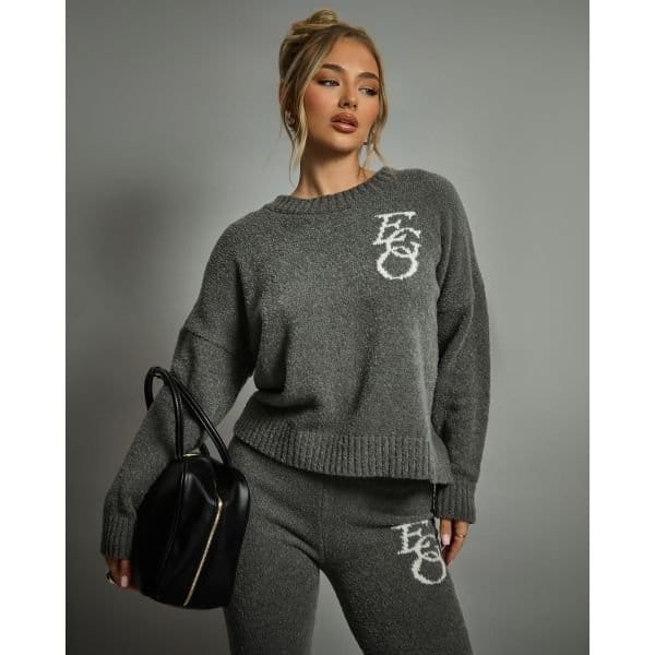 EGO Long Sleeve Crew Neck Ego Graphic Oversized Jumper In Grey Knit, Women's Size UK Large L - 2