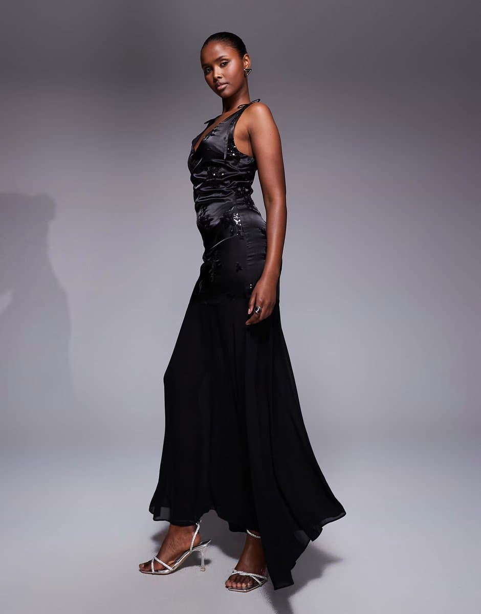 ASOS TFNC Sequin Embroidered Maxi Dress with Chiffon Skirt in Black Satin