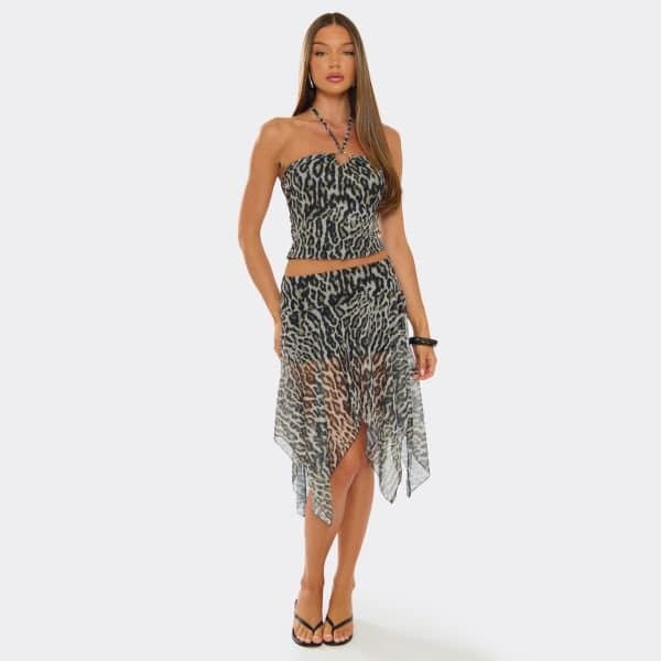 EGO Low Rise Asymmetric Hem Midi Skirt In Multi Leopard Print, Women's Size UK 6