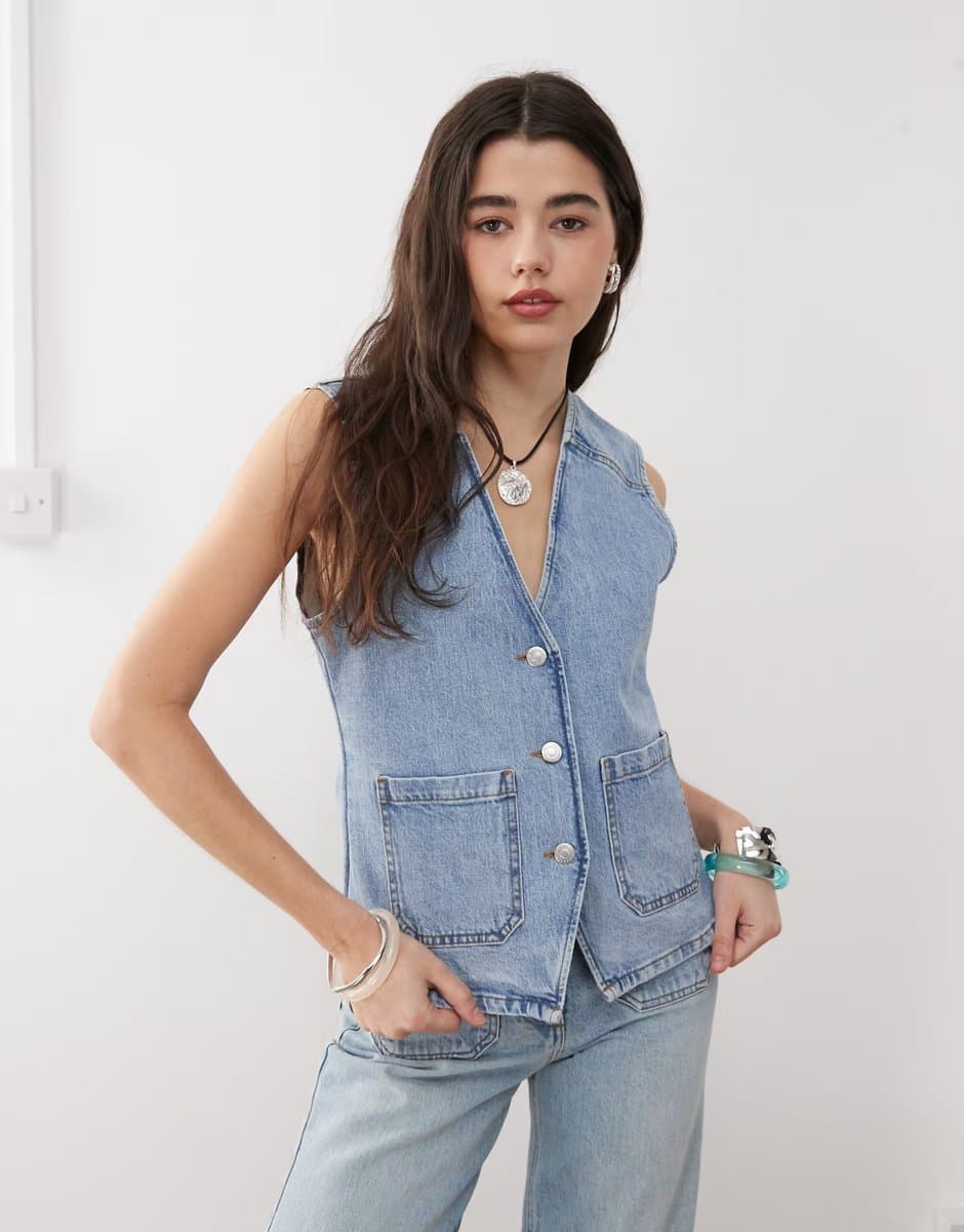 ASOS Reclaimed Vintage denim 70s waistcoat co-ord with patch pockets in blue wash