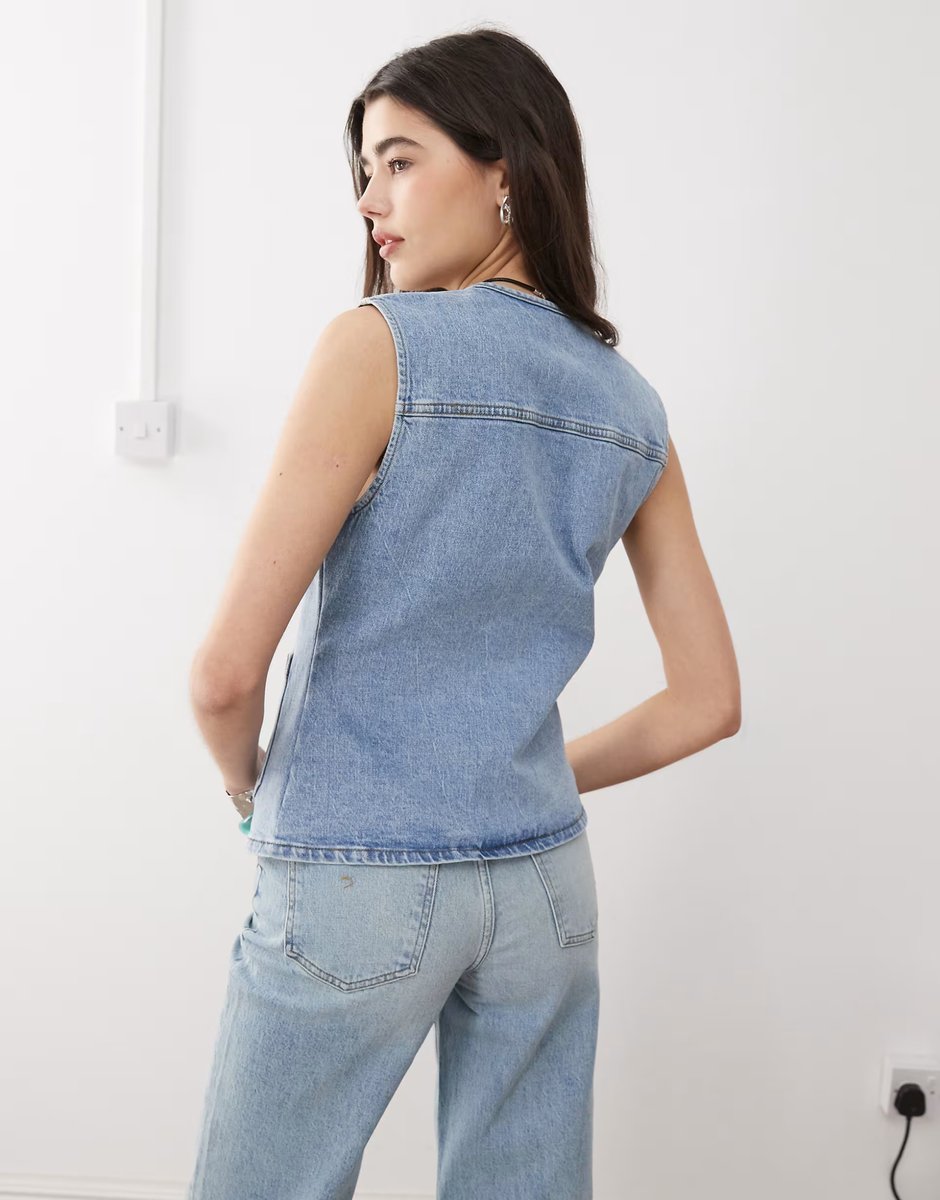 ASOS Reclaimed Vintage denim 70s waistcoat co-ord with patch pockets in blue wash - 4