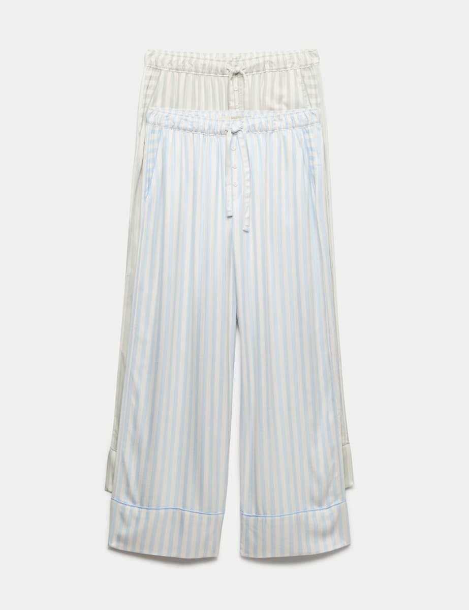 Marks & Spencer M&S 2 Pack Twill Wide Leg Pyjama Bottoms Blue Mix