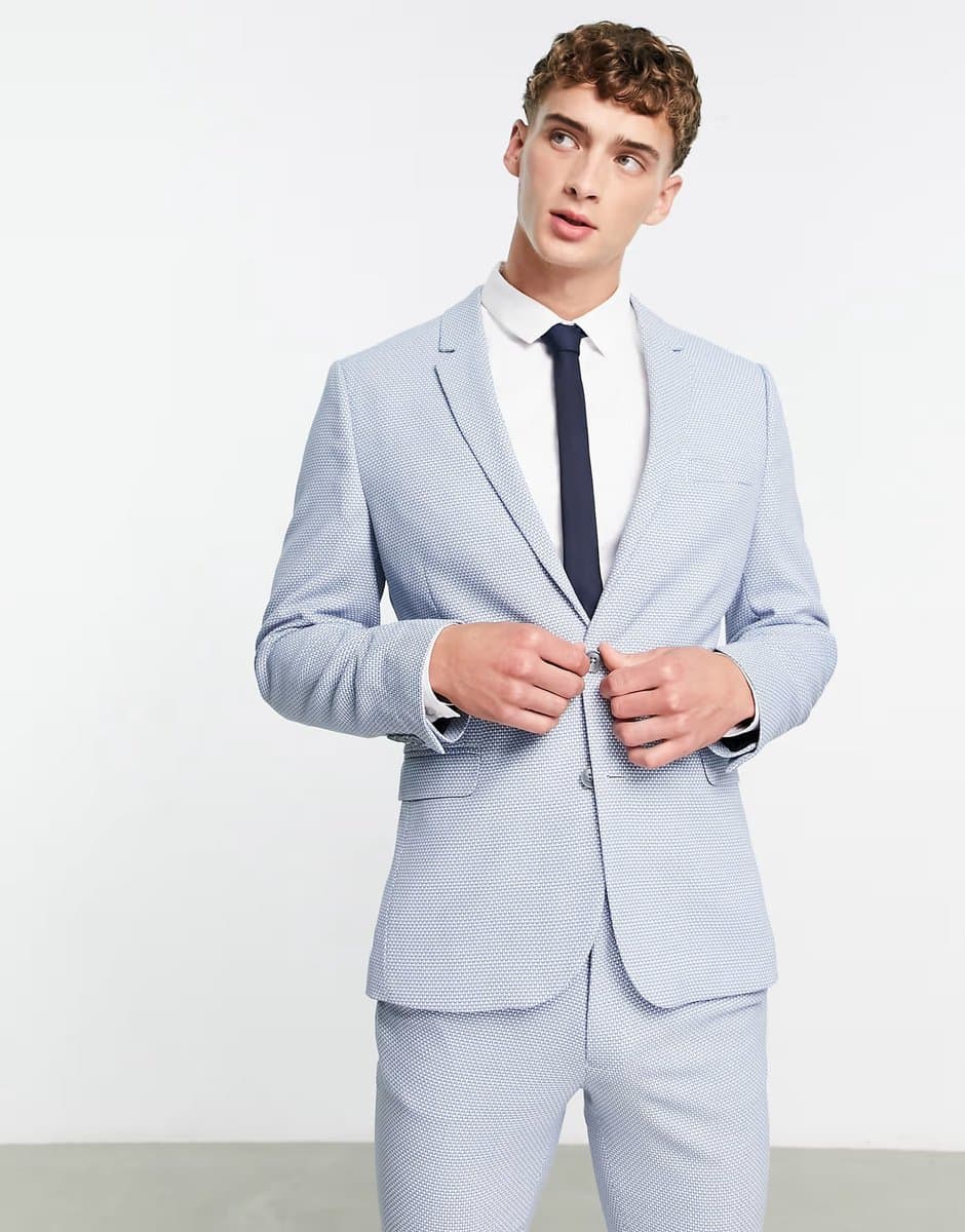 ASOS ASOS DESIGN wedding super skinny suit jacket in birdseye texture in dusky blue