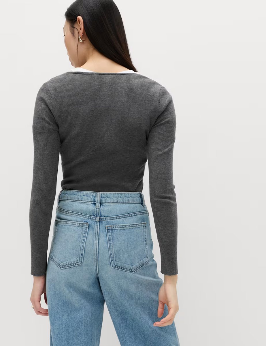 Marks & Spencer M&S Cotton Rich Long Sleeve Popper Henley Top Charcoal - 3