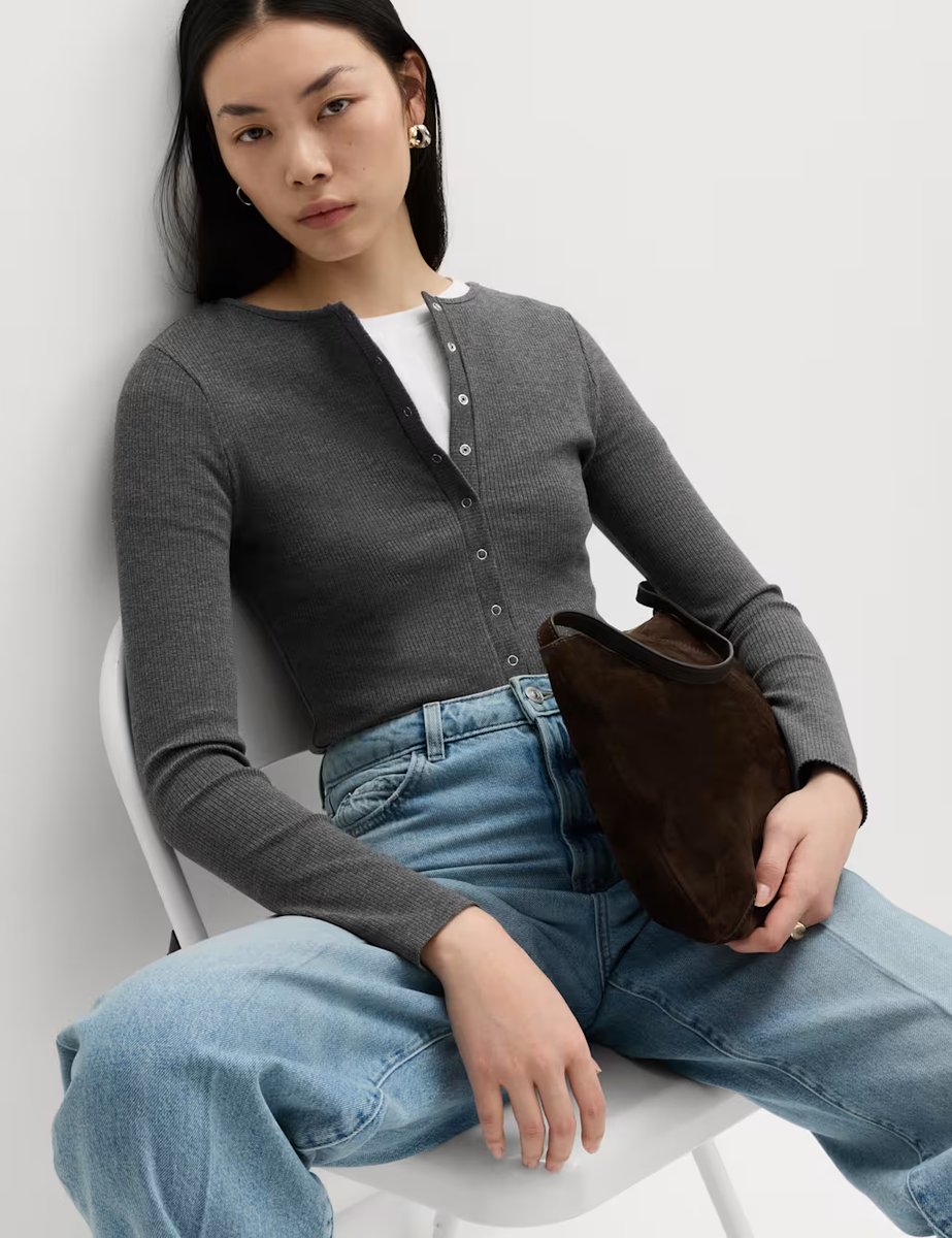 Marks & Spencer M&S Cotton Rich Long Sleeve Popper Henley Top Charcoal - 4