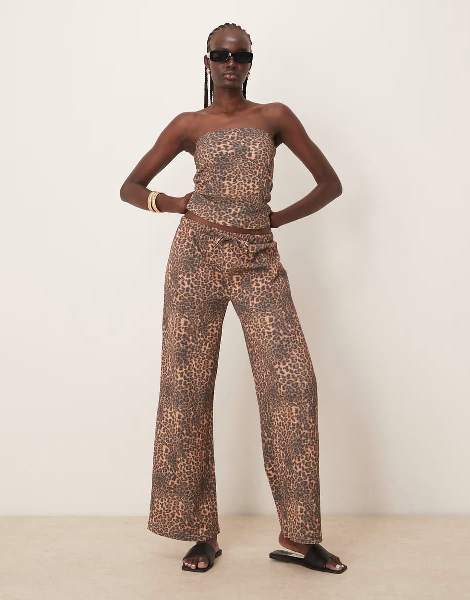 ASOS ASOS DESIGN wide leg waffle trouser co-ord in leopard print