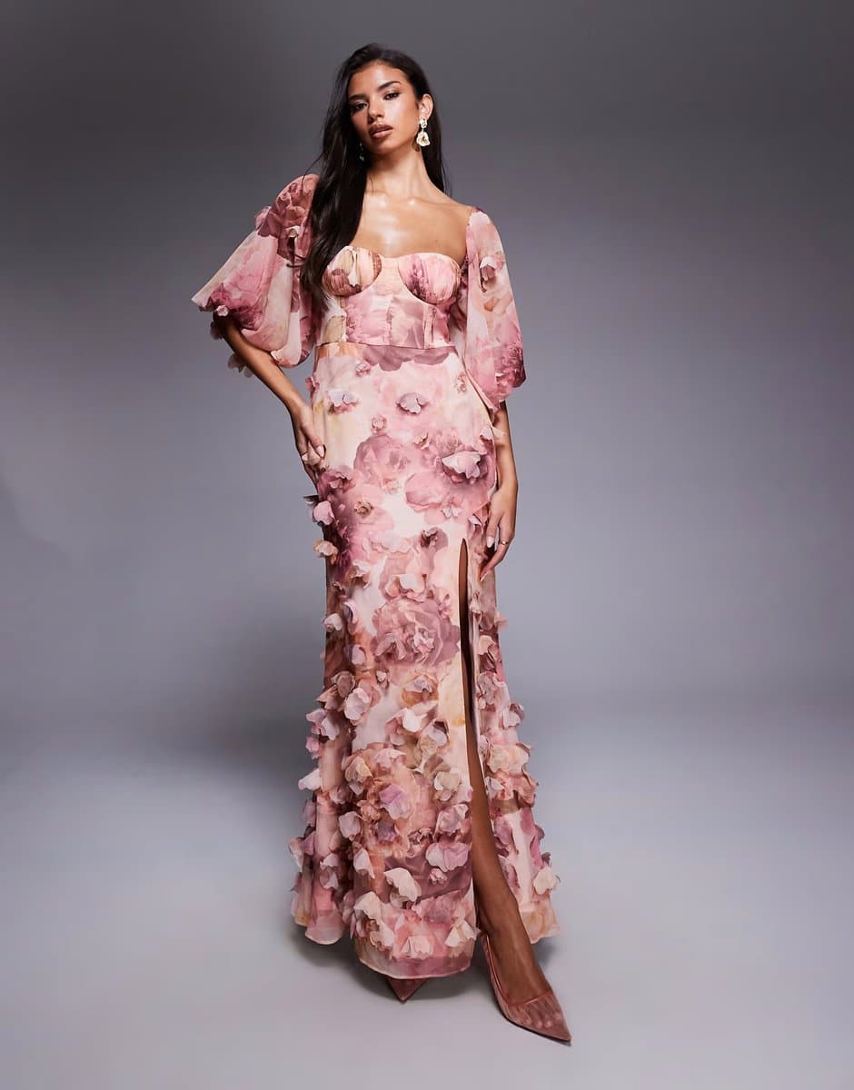 ASOS ASOS LUXE 3D floral maxi dress in pink floral print