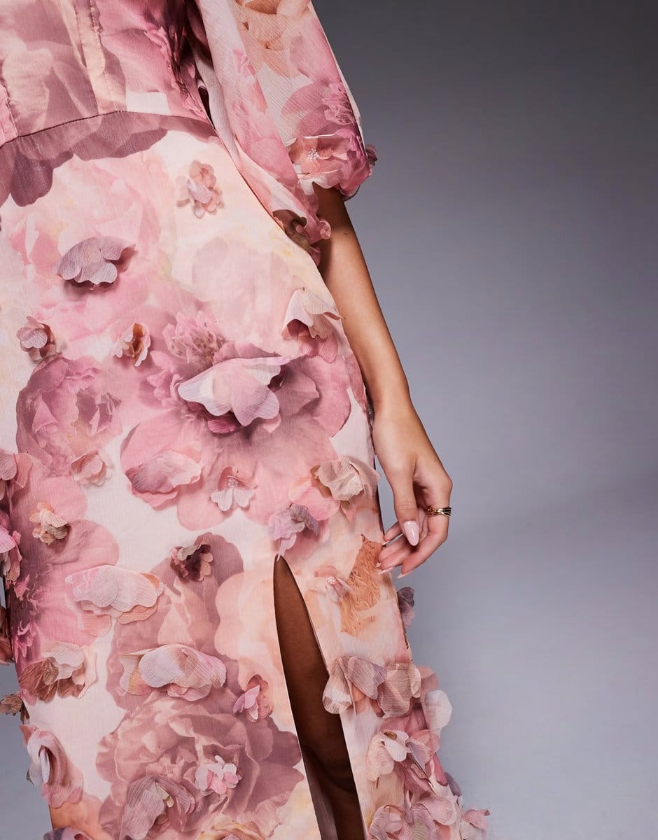 ASOS ASOS LUXE 3D floral maxi dress in pink floral print - 4
