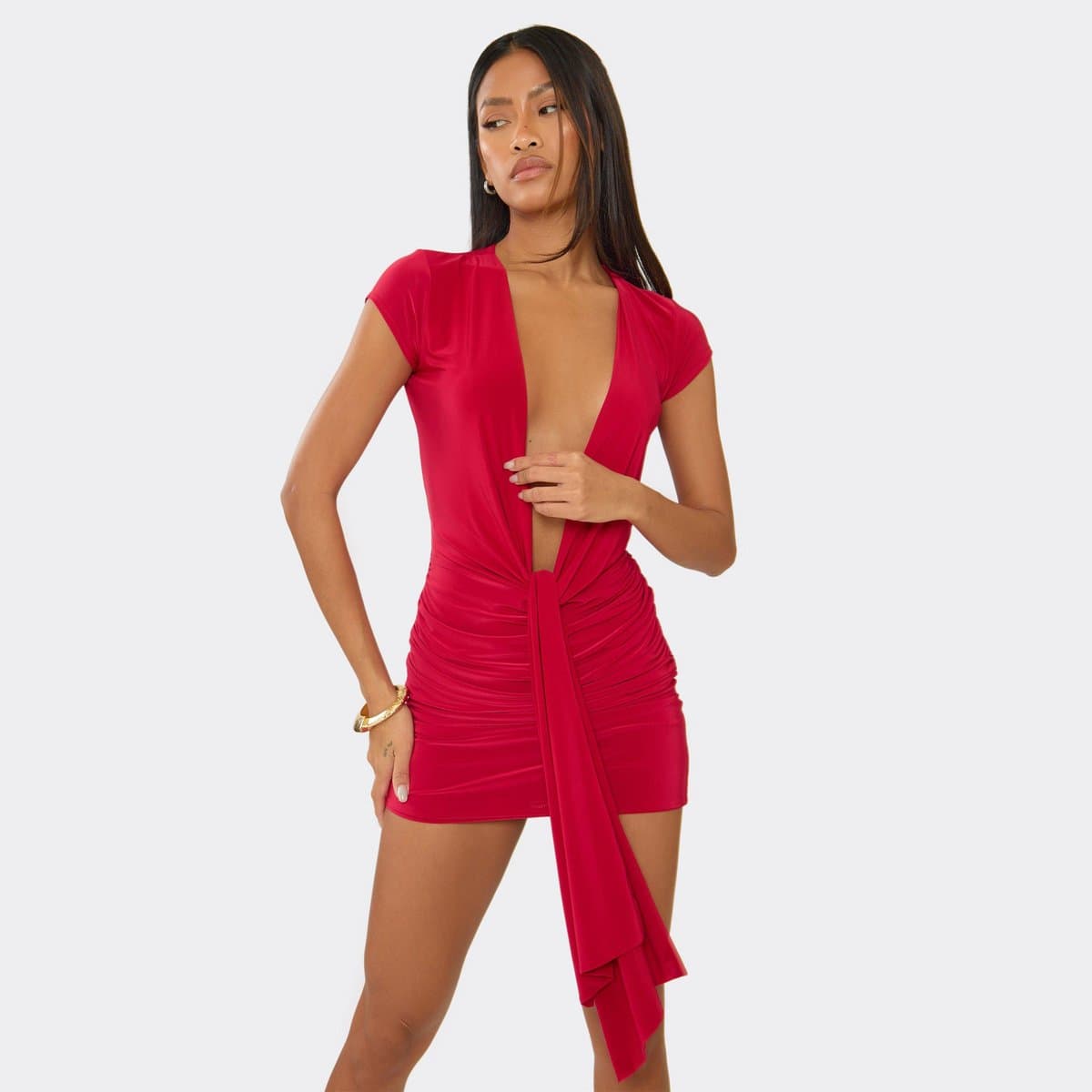 EGO Cap Sleeve Plunge Front Drape Mini Dress In Red, Women's Size UK 6