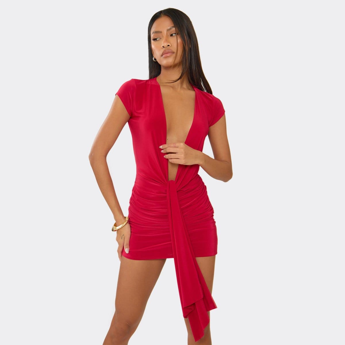 EGO Cap Sleeve Plunge Front Drape Mini Dress In Red, Women's Size UK 6 - 1