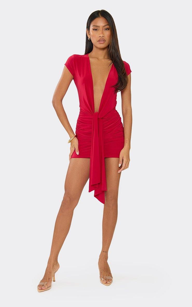 EGO Cap Sleeve Plunge Front Drape Mini Dress In Red, Women's Size UK 6 - 2