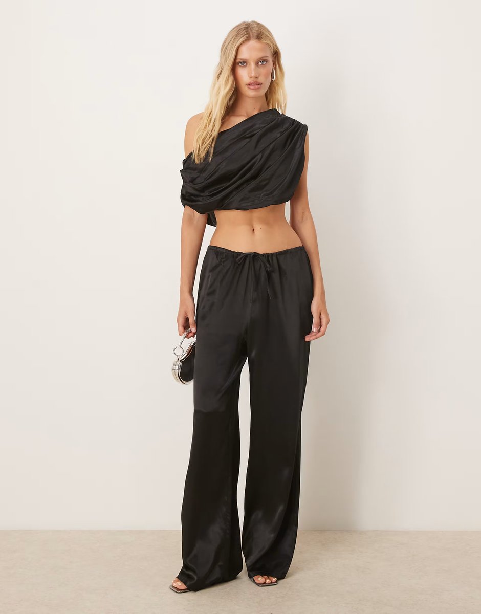 ASOS SNDYS satin one shoulder ruched drape top co-ord in black - 2