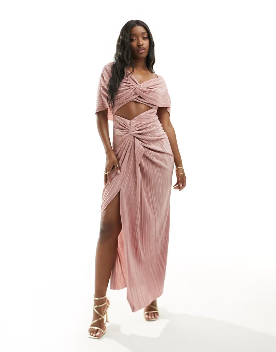 ASOS ASOS DESIGN two in one fallen shoulder plisse maxi dress in blush