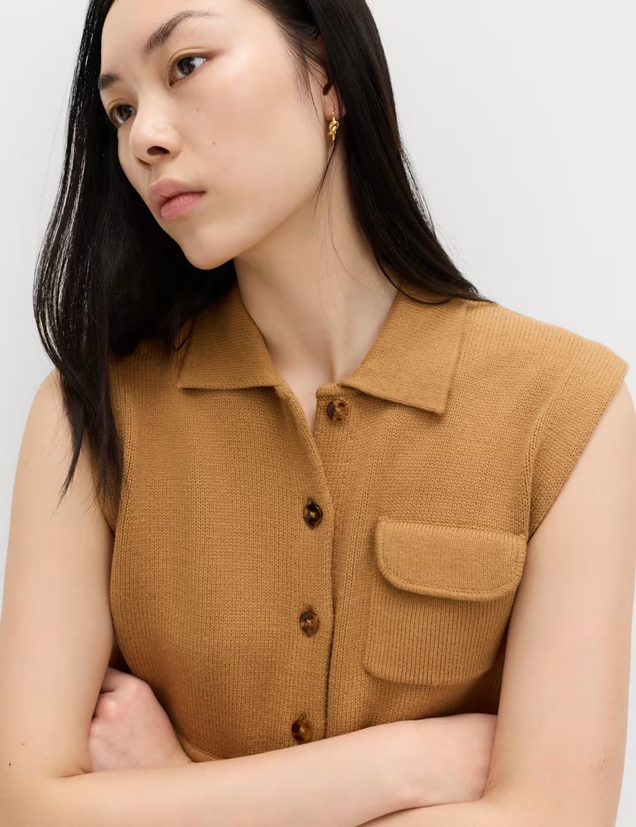 Marks & Spencer M&S Cotton Rich Pocket Knitted Waistcoat Dark Sand - 2