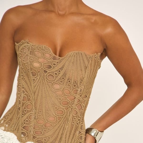 EGO Bandeau Stretch Corset Top In Khaki Lace, Women's Size UK Large L - 2