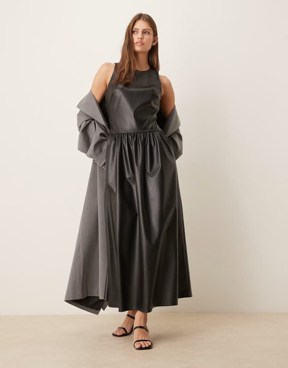 ASOS ASOS DESIGN leather look racer midi dress with full skirt in black - BLACK