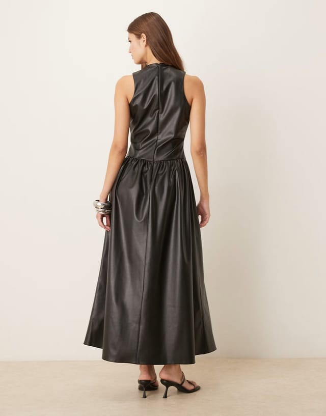 ASOS ASOS DESIGN leather look racer midi dress with full skirt in black - BLACK - 3