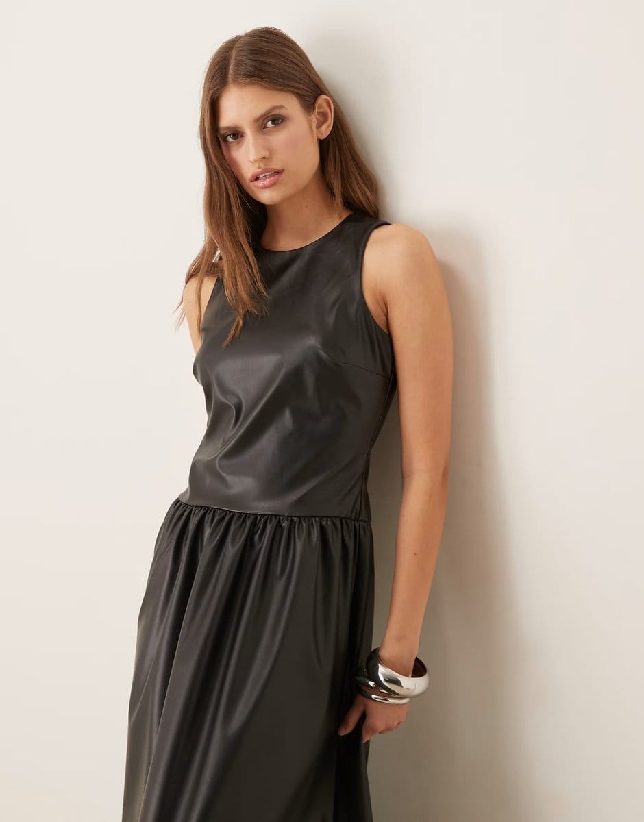 ASOS ASOS DESIGN leather look racer midi dress with full skirt in black - BLACK - 4
