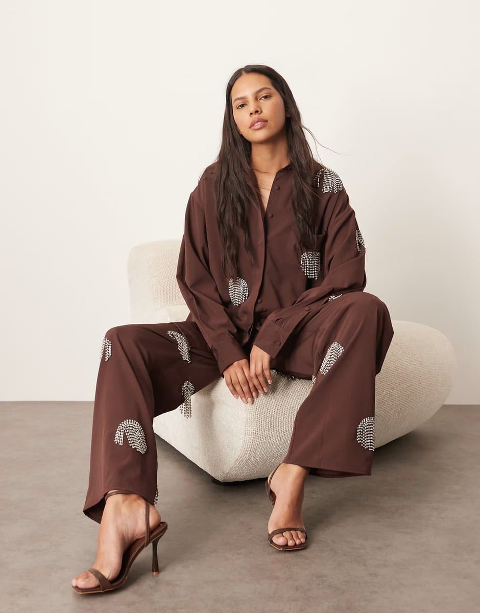 ASOS ARRANGE co-ord embellished diamante fringe spot oversized shirt in chocolate