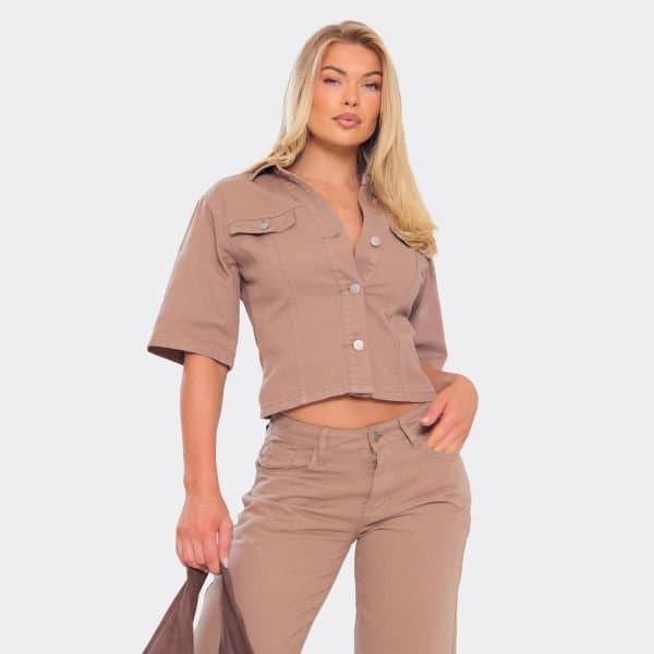 EGO Short Sleeve Button Up Detail Top In Light Brown Denim, Women's Size UK 6