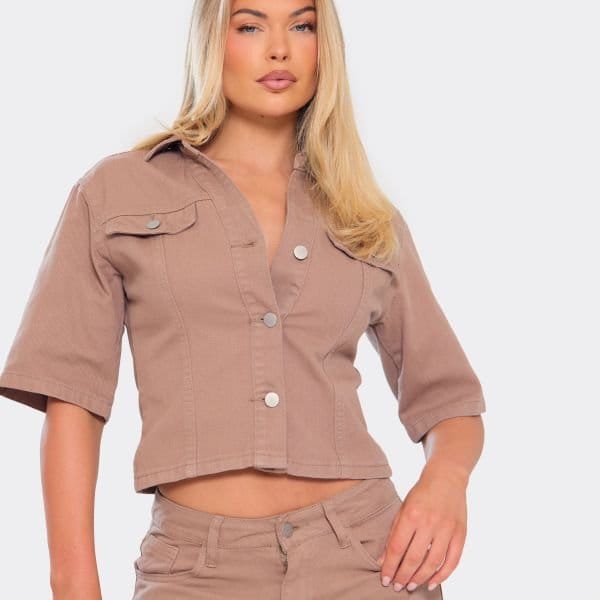 EGO Short Sleeve Button Up Detail Top In Light Brown Denim, Women's Size UK 6 - 2