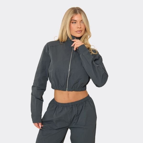 EGO Cropped Zip-Up Jacket In Steel Blue Shell, Women's Size UK 6 - 1