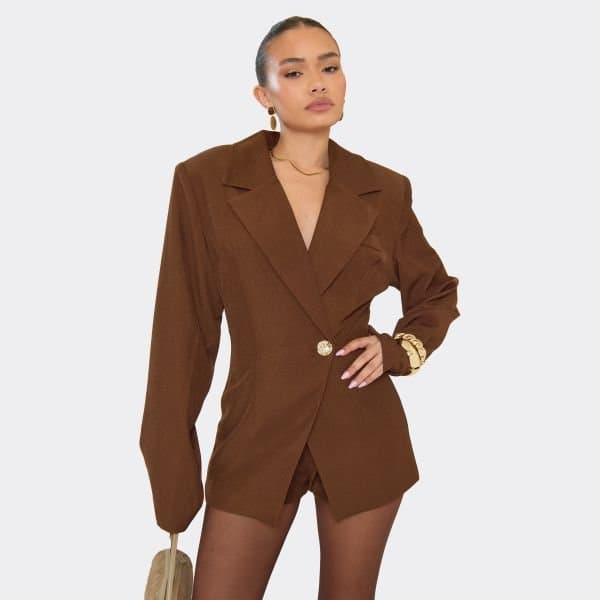 EGO Long Sleeve Cinched Waist Blazer Playsuit In Chocolate Brown, Women's Size UK 6
