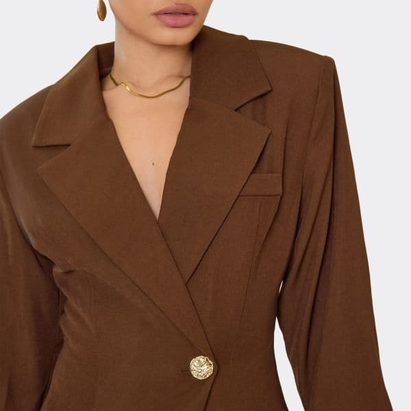 EGO Long Sleeve Cinched Waist Blazer Playsuit In Chocolate Brown, Women's Size UK 6 - 2